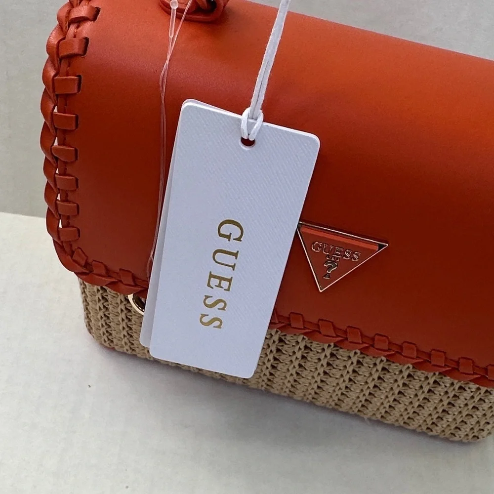 New GUESS Orange and Tan Satchel with Woven Design